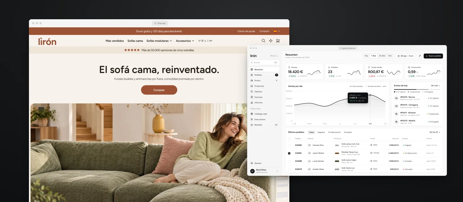 Tienda online de Lirón junto a su panel de gestión