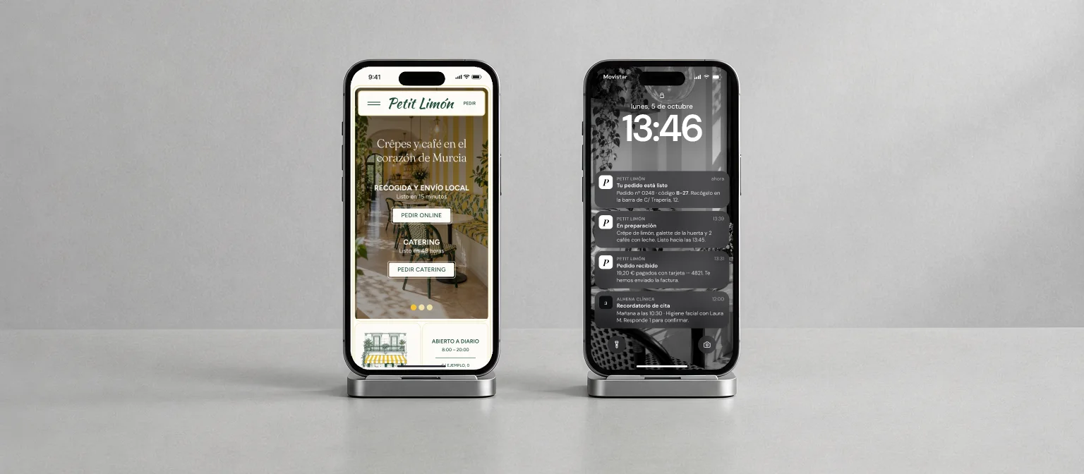 App de pedidos de Petit Limón y sus avisos en dos móviles