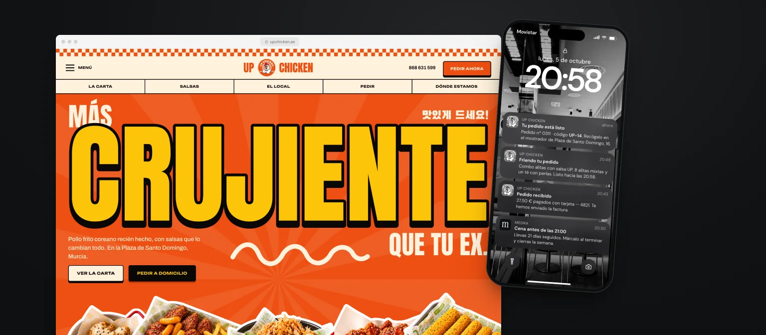 Web de Up Chicken con sus avisos de pedido en el móvil