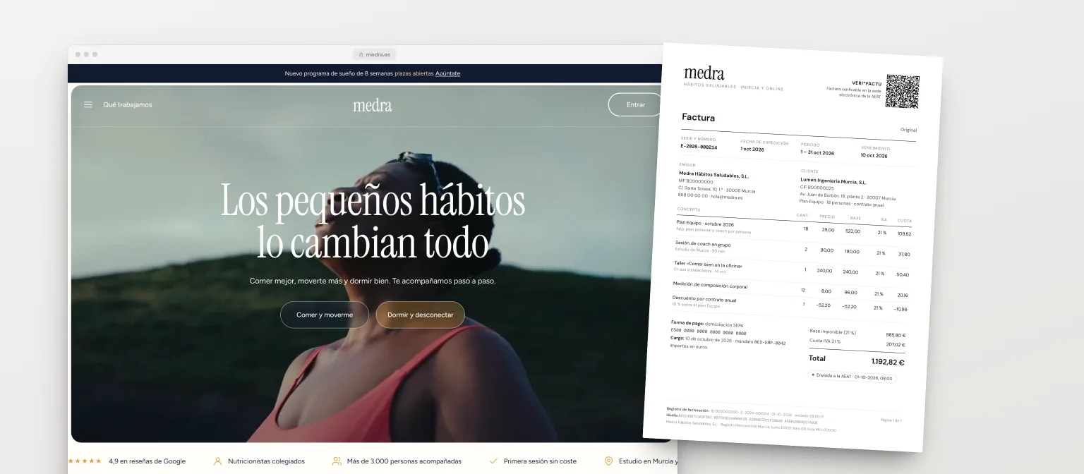 Web de Medra junto a una factura con Verifactu