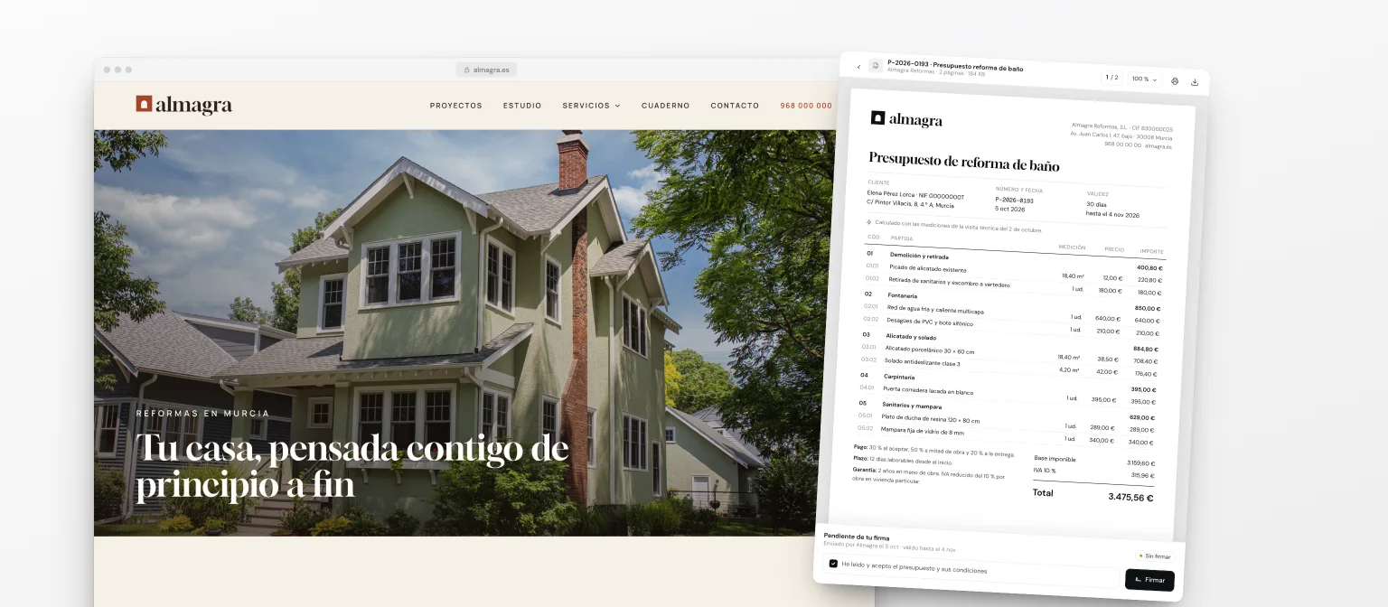 Web de Almagra junto a un presupuesto cerrado de reforma de baño