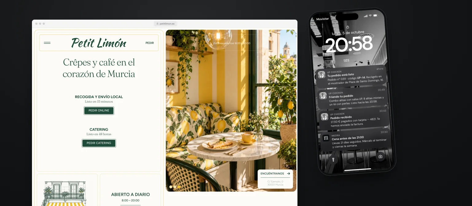 Web de Petit Limón y avisos de pedido de Up Chicken en el móvil
